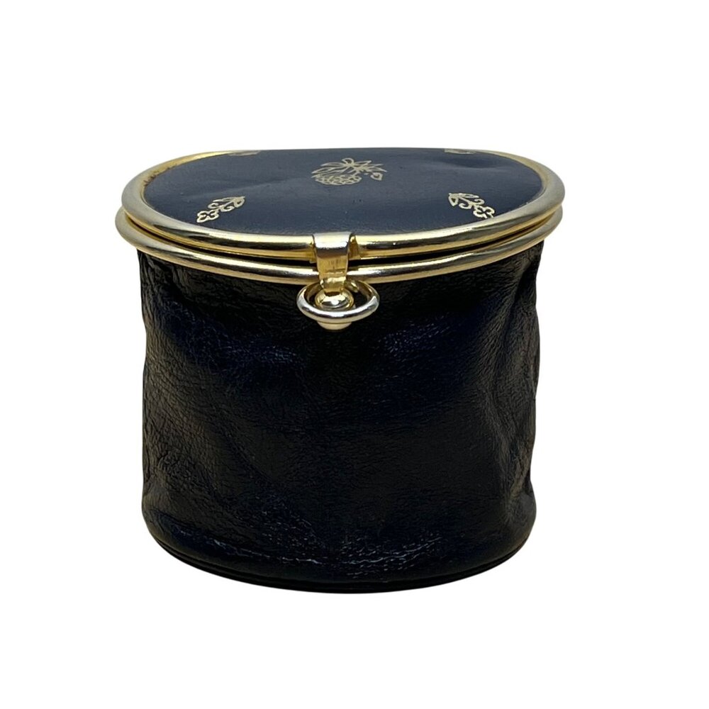 Unbranded Vintage Expandable Coin/Jewelry Pouch Navy Blue Leather Gold-Tone Flor